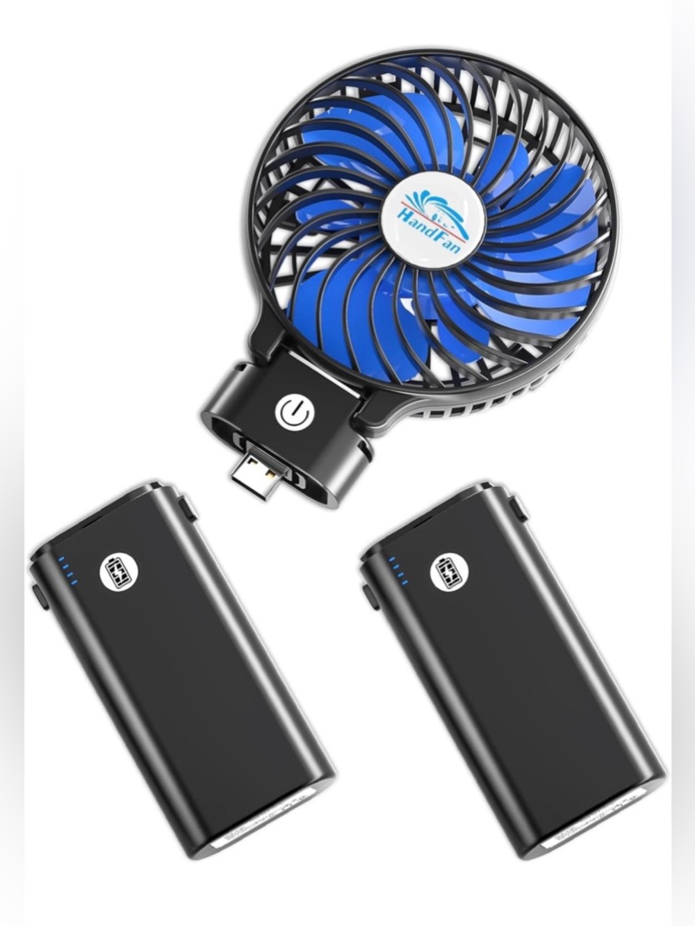 Portable Mini Fan with Dual Black Power Banks - Blue Blades